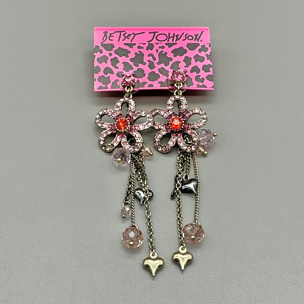 Betsey Johnson Earrings Women Pink Crystal Flower Dangle Heart Charms Drop Long